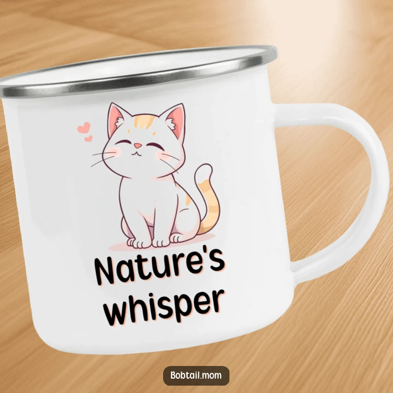 Funny Bobtail Cat Camping Mug featuring a Bobtail cat with a gentle tail swish and soft meow, for peaceful outdoor enjoyment.