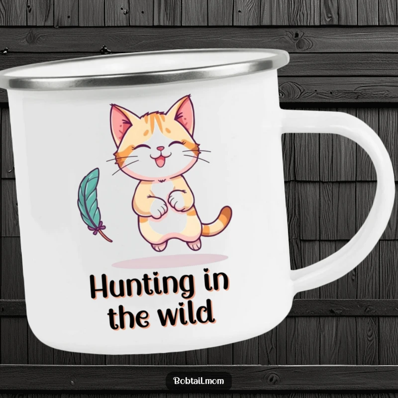 Funny Bobtail cat character camping mug, shown in a playful leap, chasing a feather toy, ready for outdoor fun.