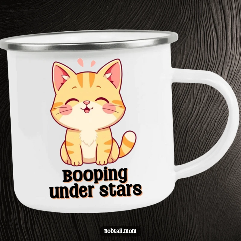 Funny Bobtail cat camping mug featuring a friendly cat offering a gentle head boop, perfect for scenic sips outdoors.