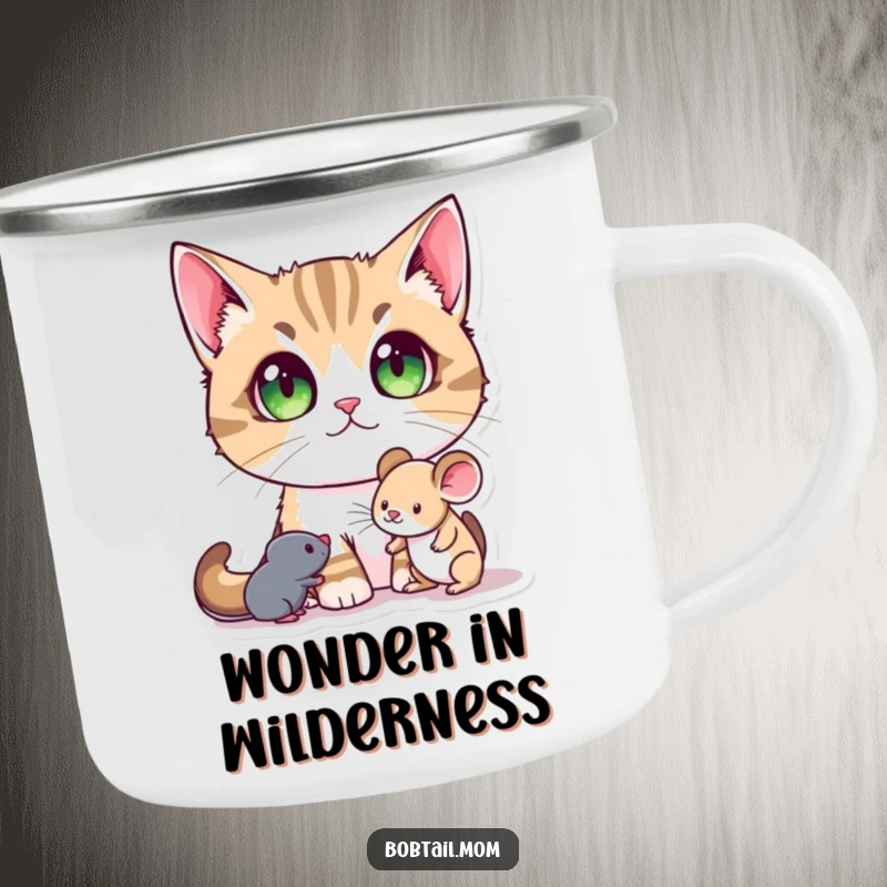 Funny Bobtail Cat Camping Mug featuring a Bobtail cat with large pupils, mesmerized by a toy mouse, for outdoor enjoyment.