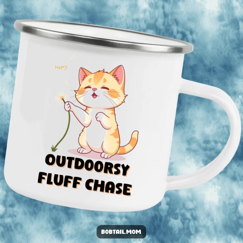 Funny Bobtail Cat Camping Mug: A Bobtail cat playfully chases dandelion fluff, offering durable, whimsical charm to adventures.