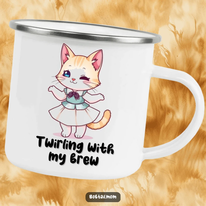 Funny Bobtail Cat Camping Mug: A stylish cat in a dress, twirling, ideal for outdoor coffee with a funny twist.