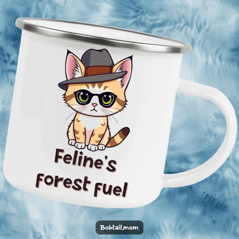 Funny bobtail cat wearing an elegant hat, posing with grace, on a durable camping mug.
