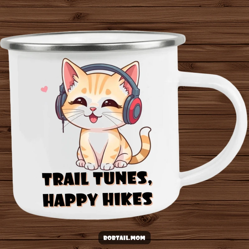 Funny Bobtail Cat Camping Mug: Cat with headphones listening to music, perfect for outdoor enjoyment with humor.
