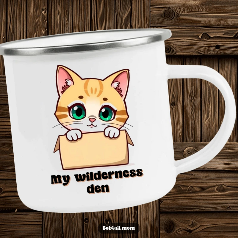 Funny Bobtail Cat Camping Mug with a cute cat peeking curiously from a box, designed for outdoor enthusiasts with a sense of humor.