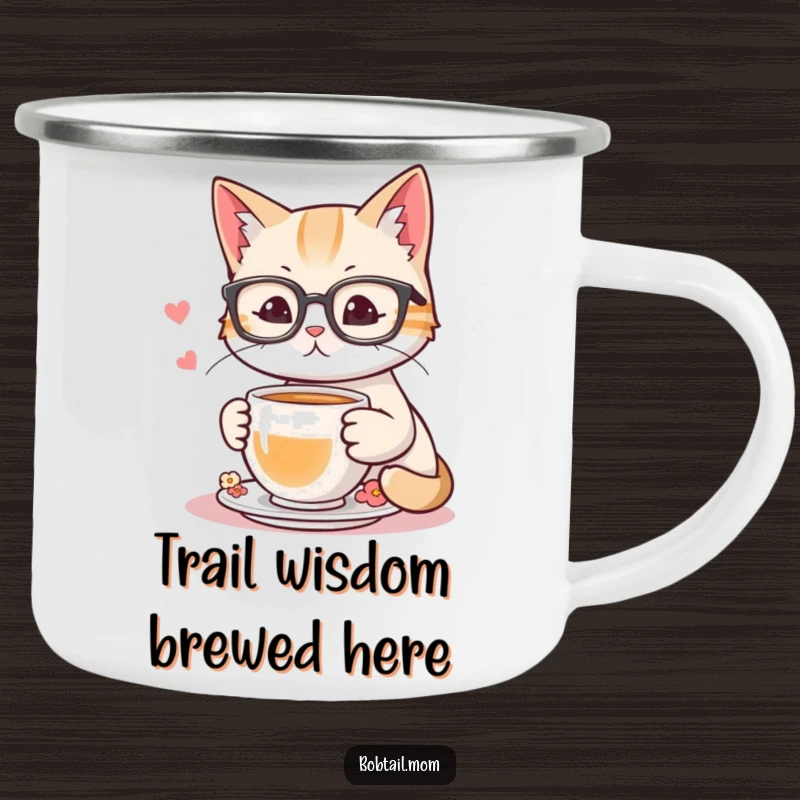 Funny camping mug featuring a bobtail cat wearing reading glasses, holding a teacup, perfect for enjoying drinks outdoors.