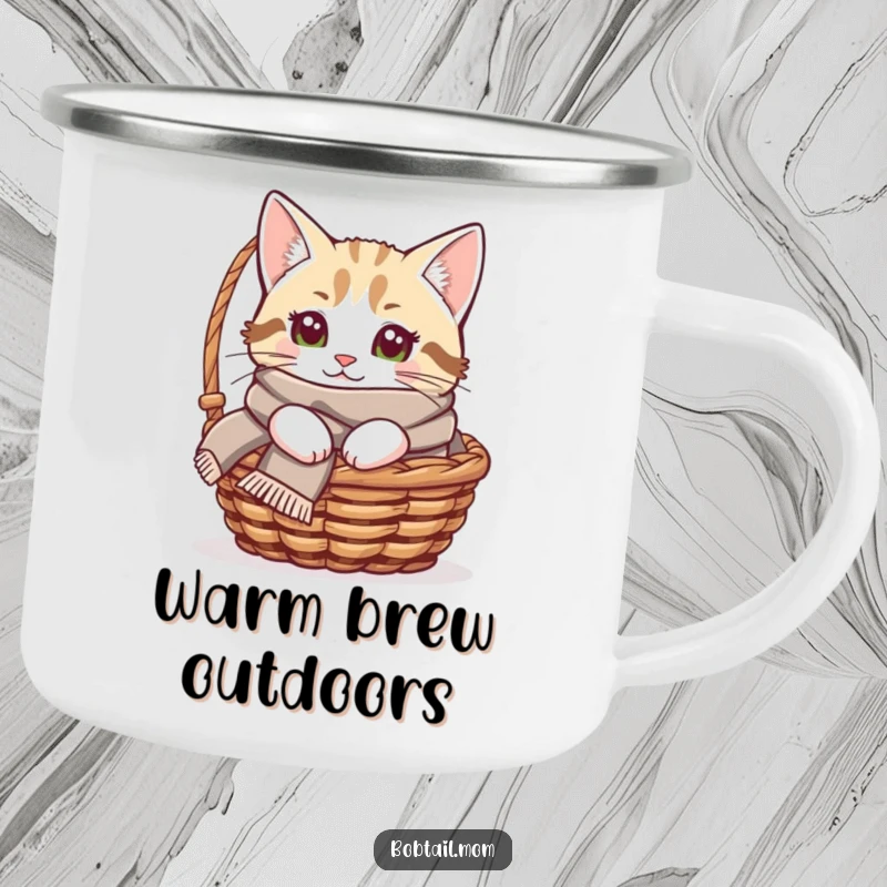 Funny Bobtail cat camping mug with a cat in a cozy scarf peeking from a basket, perfect for warm outdoor enjoyment.
