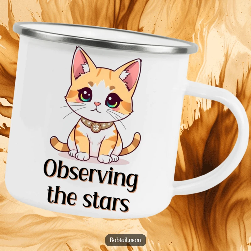 Funny Bobtail cat wearing a sparkly collar, surveying the room, perfect for enjoying brews with regal flair outdoors.