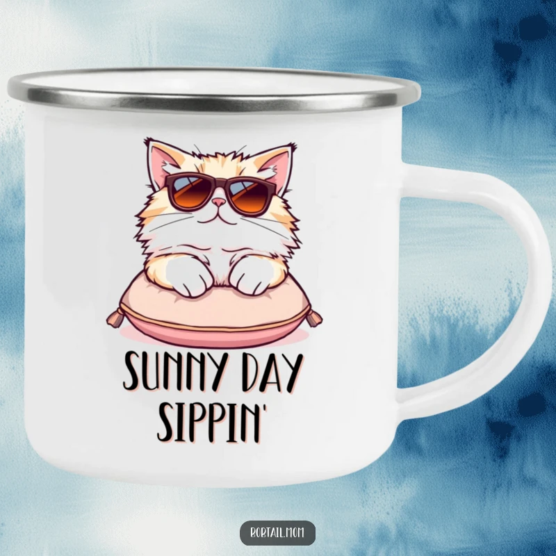 Funny Bobtail cat camping mug with a fluffy cat in oversized sunglasses lounging, perfect for cool outdoor relaxation.