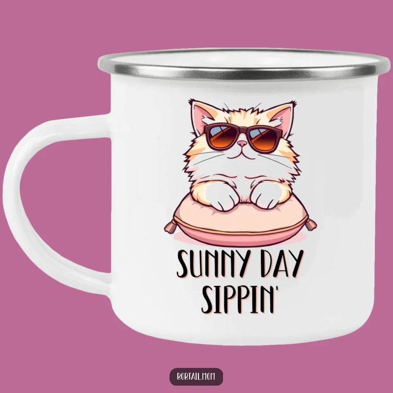 Funny Bobtail Cat Sunglasses Camping Mug - Cool Kitty Adventure Gift