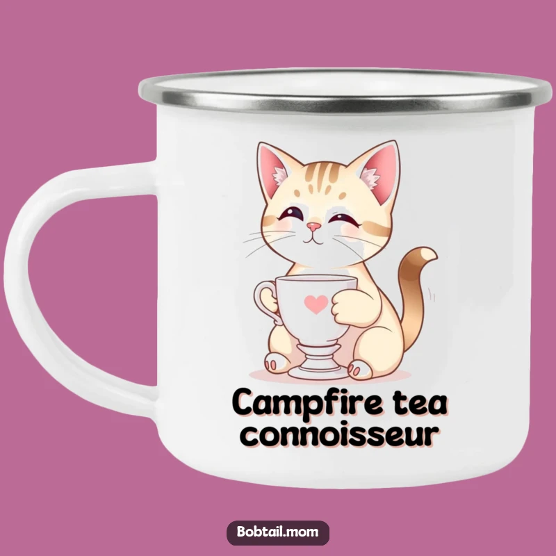 Funny Bobtail Cat Teacup Camping Mug - Elegant Adventures & Hilarious Sips