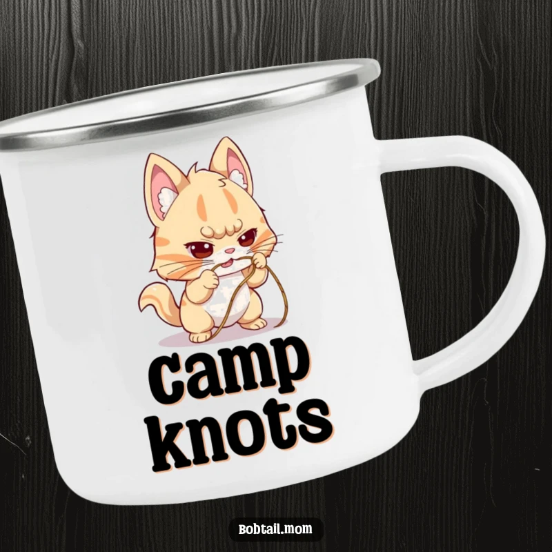 Funny Bobtail Camping Mug with a dog with a determined expression, trying to untangle a string, a humorous and durable cup.