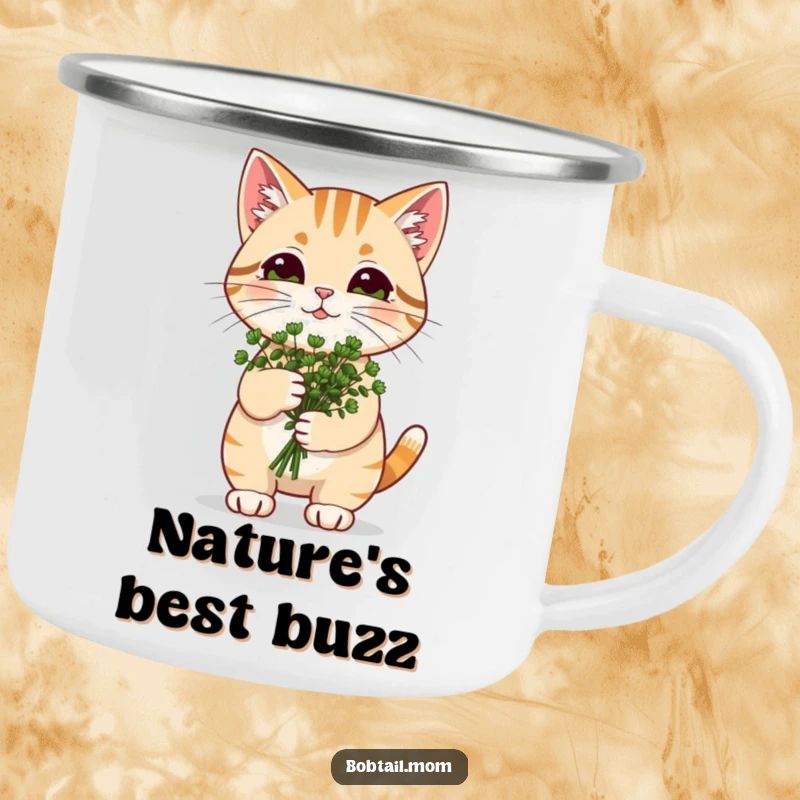Funny Catnip Bobtail Cat Camping Mug: Cat carrying catnip, perfect for happy outdoor brews with feline humor.