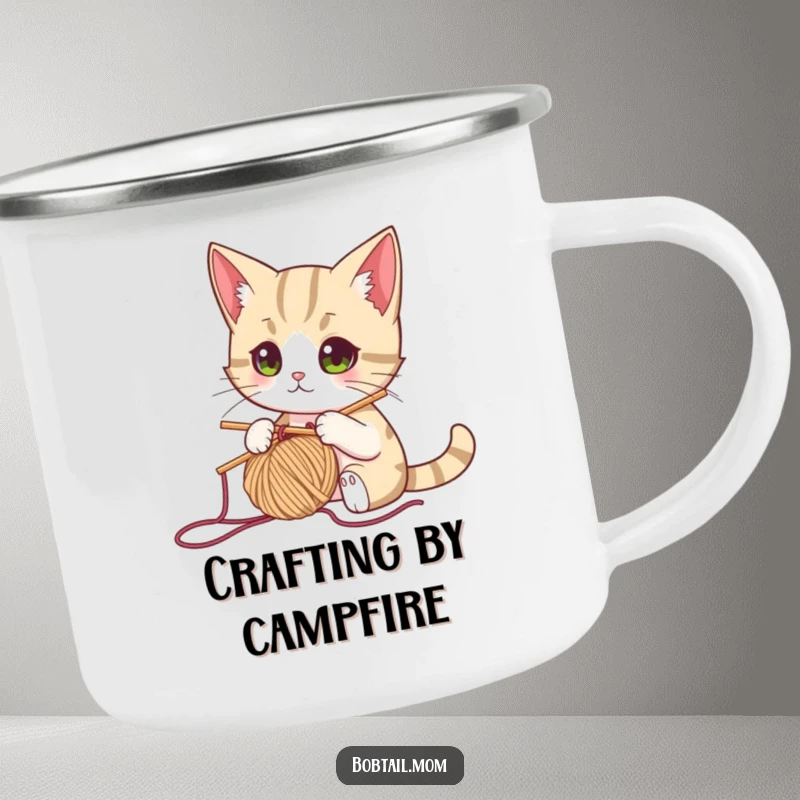 Funny bobtail cat knitting with yarn and needle, perfect for a durable and humorous camping mug for outdoor trips.