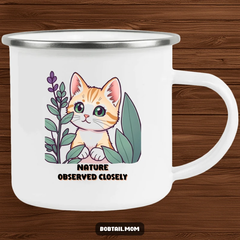 Funny Bobtail cat with wide eyes peeking from behind a plant, on a durable camping mug.