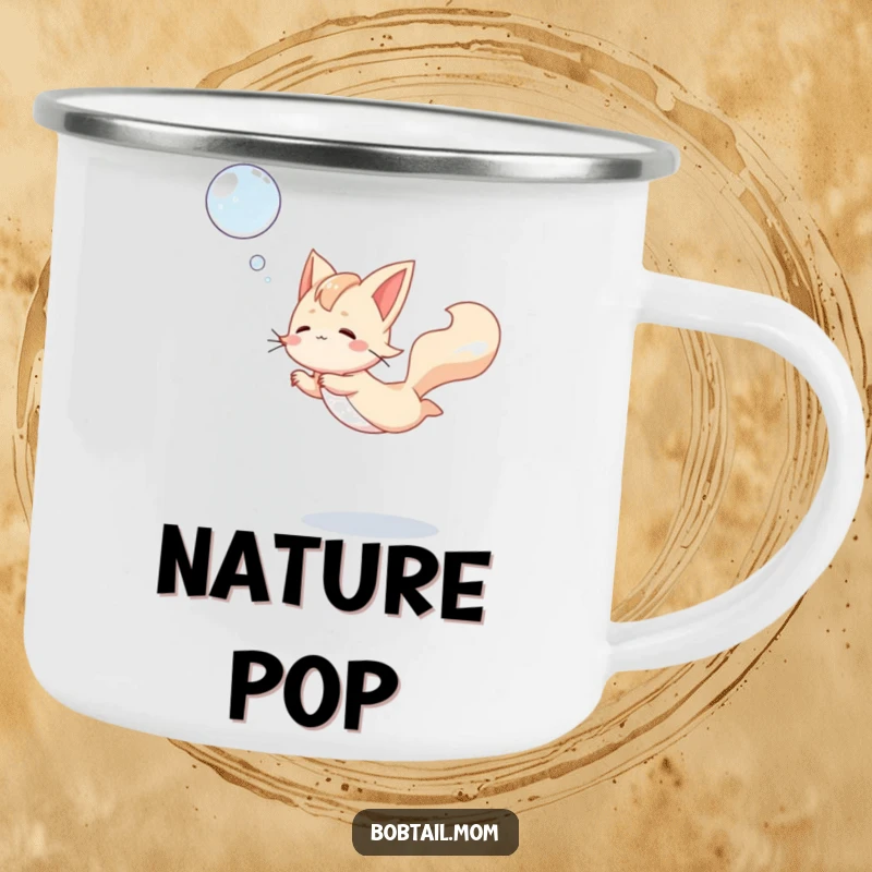 Funny Bobtail Camping Mug with a dog leaping gracefully to catch a bubble, a humorous and durable cup for outdoor enthusiasts.