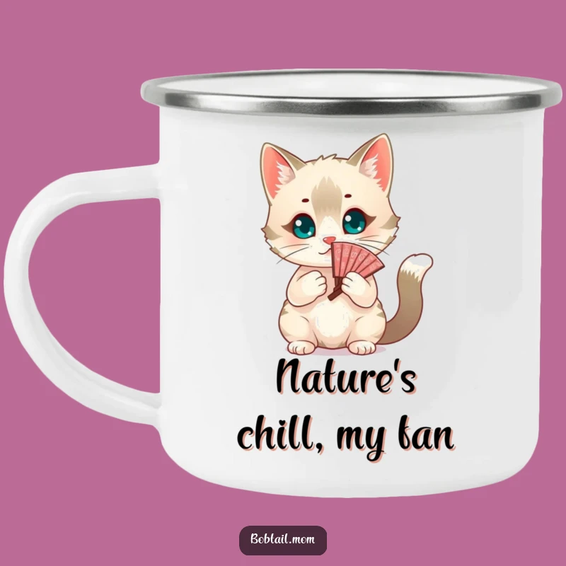 Funny Bobtail Cat Fanning Camping Mug: Stay Cool on Adventures with Feline Flair