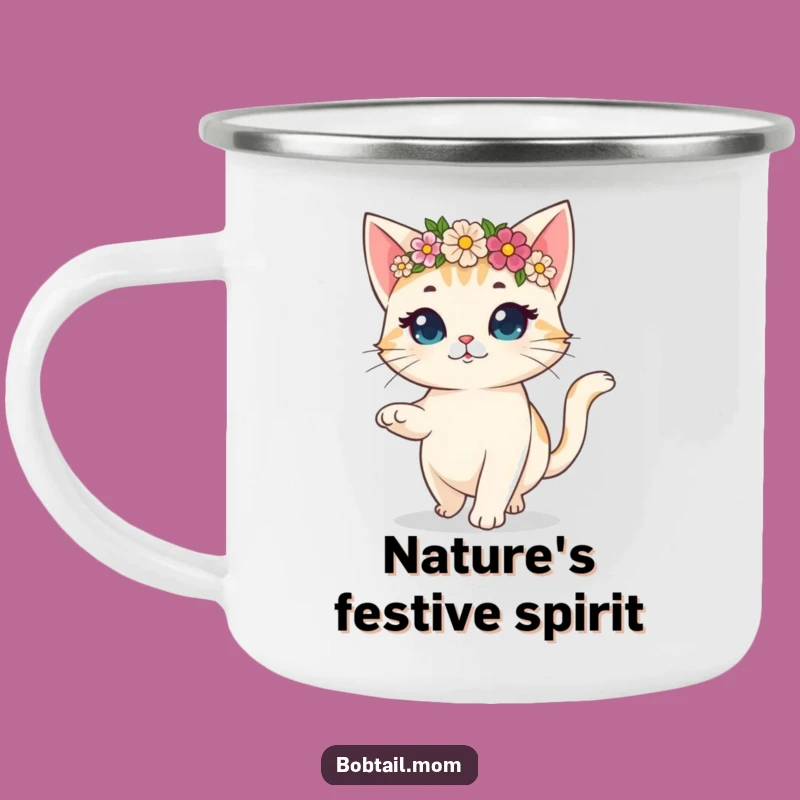 Funny Bobtail Cat Flower Crown Camping Mug: Joyful Sips with Hilarious Prancing Vibes