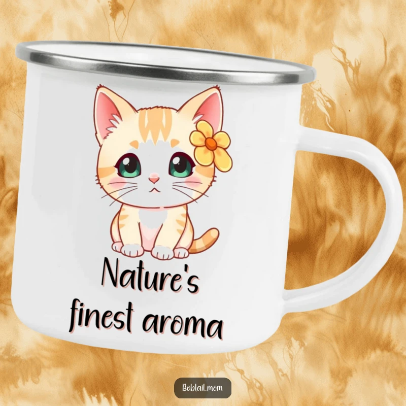 Funny Bobtail cat with a flower behind its ear, looking curious, designed for a durable, humorous camping mug.