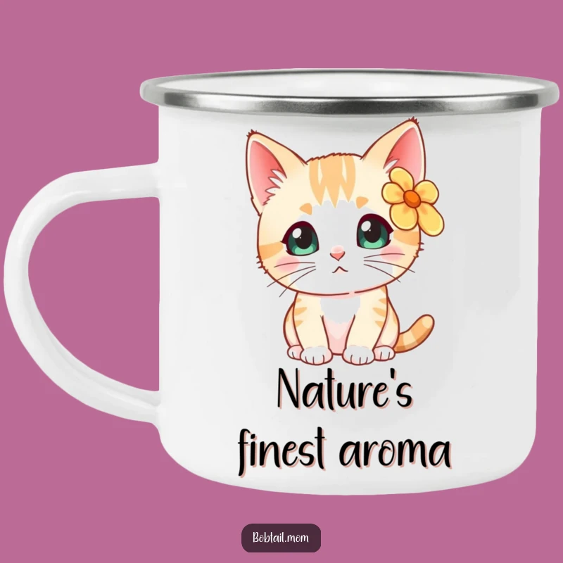 Durable Funny Bobtail Cat Flower Camping Mug: Sip Curiosity on Your Adventures