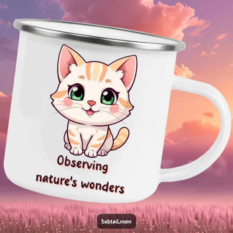 Funny Bobtail cat character camping mug, shown with a happy expression and a curious glance, ready for outdoor fun.