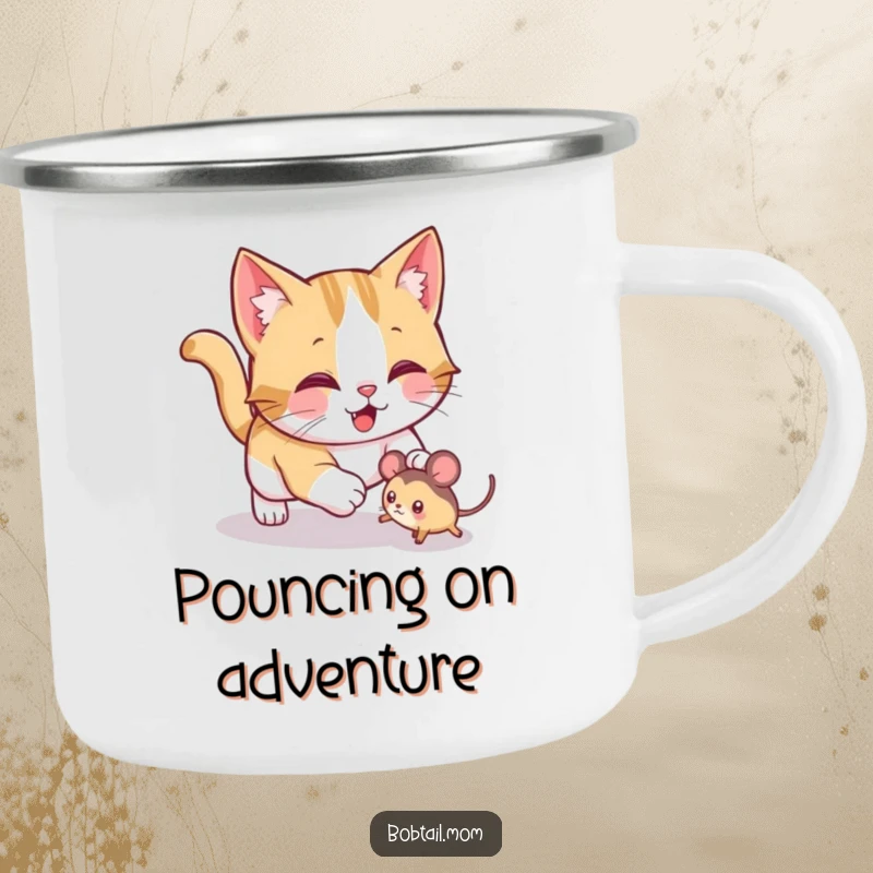 Funny Bobtail cat camping mug featuring a jolly cat playfully pouncing on a toy mouse, perfect for energetic outdoor sips.