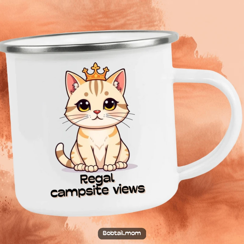 Funny Bobtail Cat Camping Mug featuring a proud feline sitting regally, ideal for humorous and majestic outdoor enjoyment.