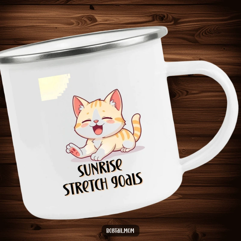 Funny camping mug with a cute Bobtail cat stretching and yawning in the sunlight, ready for outdoor relaxation.