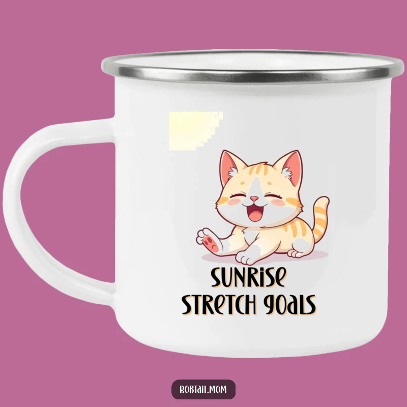 Funny Bobtail Cat Camp Mug: Cute Cat Yawning in Sunlight