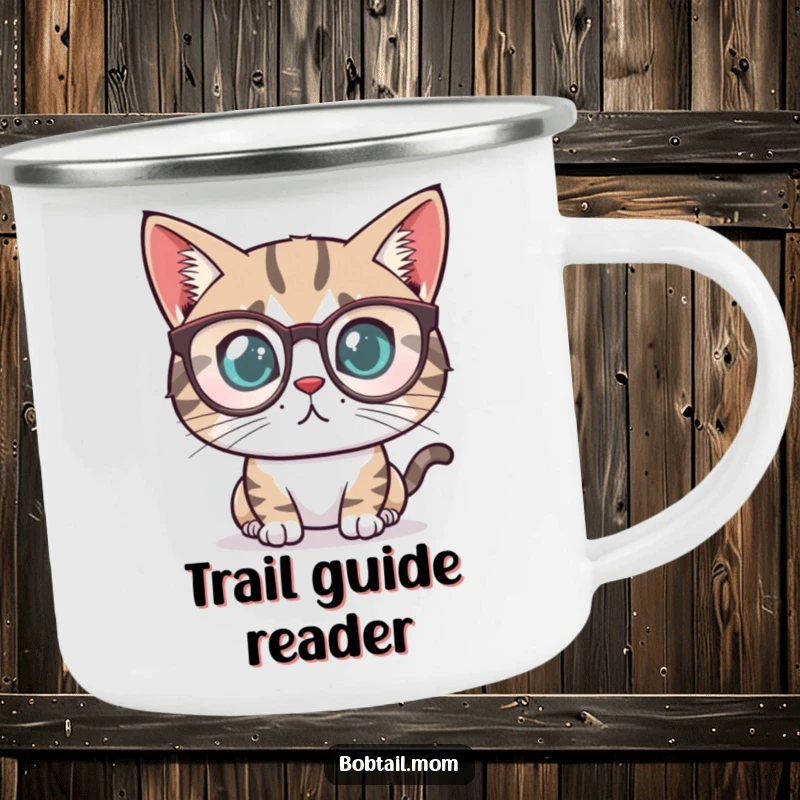 Funny Bobtail cat with a determined look wearing tiny reading glasses, designed for a durable, humorous camping mug.