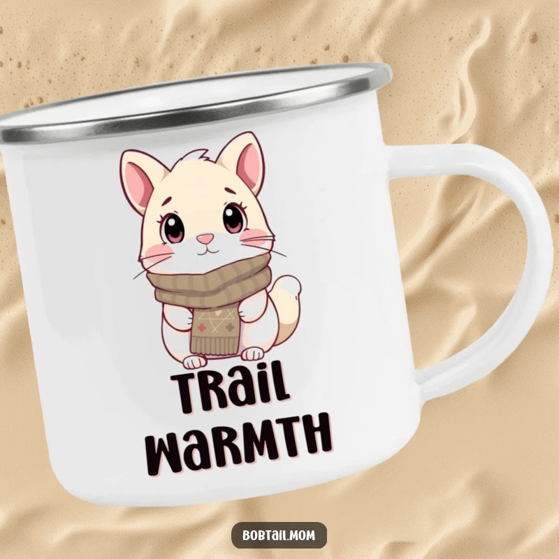 Funny Bobtail Camping Mug with a dog wearing a knitted scarf, looking cozy and attentive, a humorous and durable cup for outdoor enthusiasts.