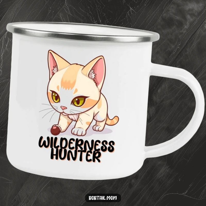 Funny Bobtail Cat Camping Mug showing a determined Bobtail cat stalking, ready for outdoor hydration and humorous companionship.