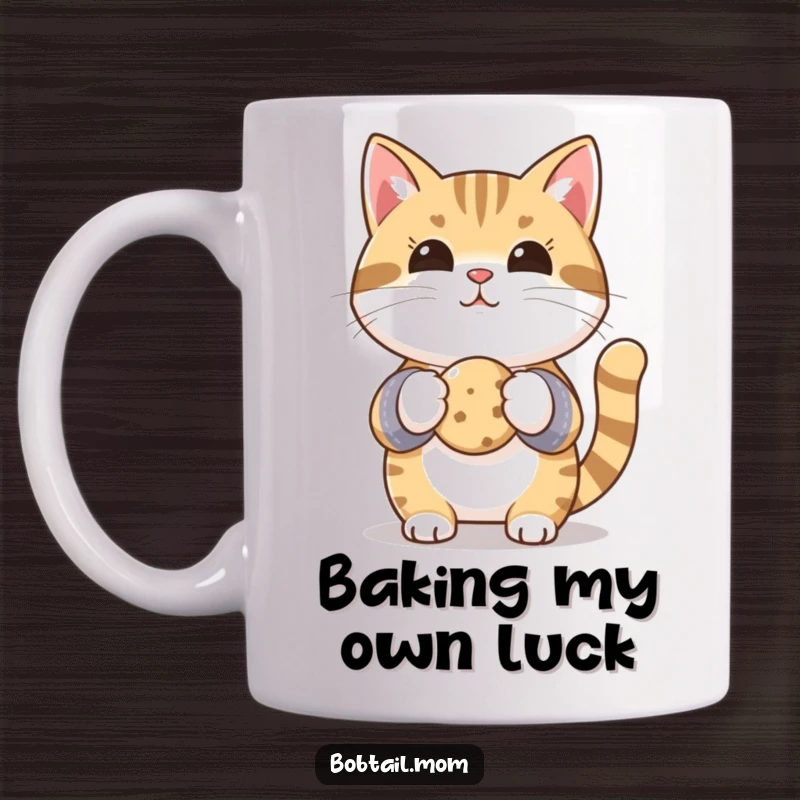 Funny Bobtail cat wearing oven mitts, proudly holding a tiny cookie, ready to share some baked goodness.