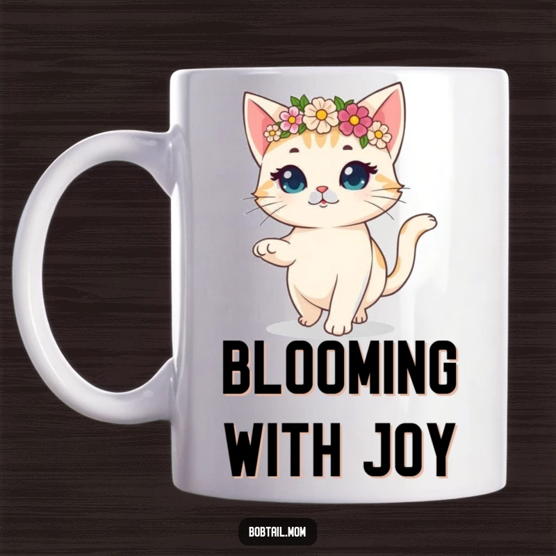 Funny mug with a bobtail cat sporting a flower crown, prancing gaily with a look of pure, unadulterated joy.
