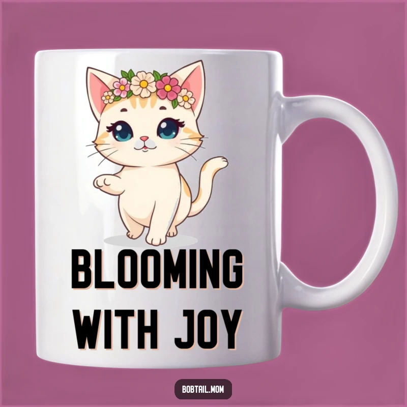 Funny Flower Crown Bobtail Cat Mug: Gaily Prancing Hilarious Gift for Joyful Souls