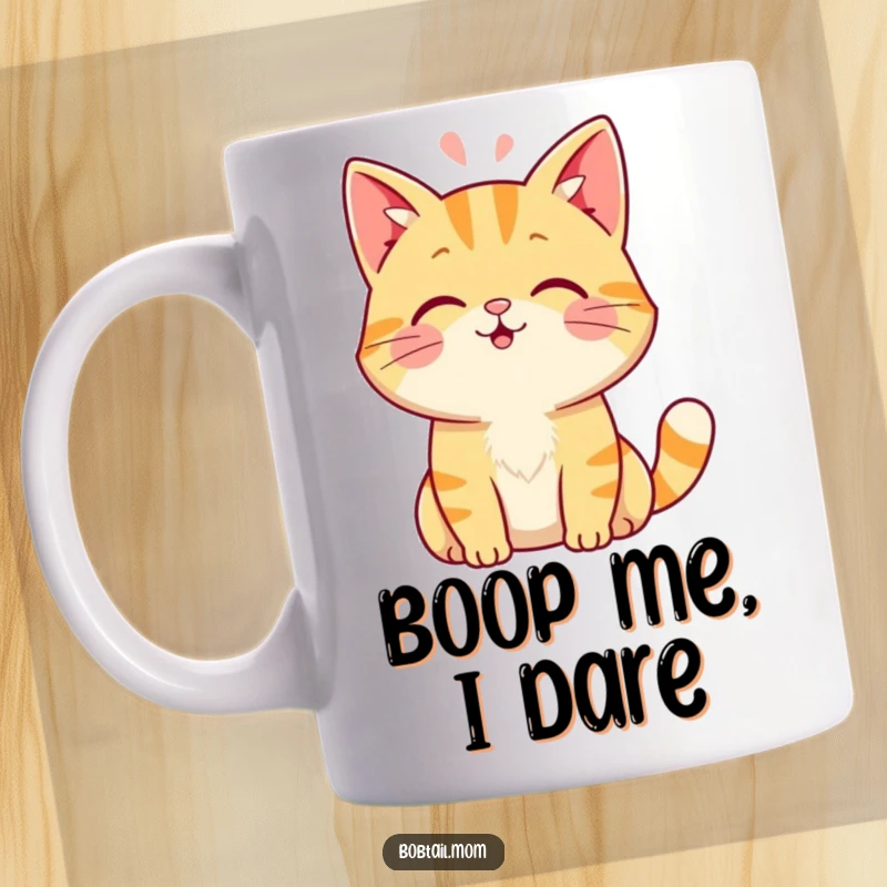 Funny Bobtail cat mug featuring a friendly cat offering a sweet, gentle head boop, showcasing affectionate feline charm.