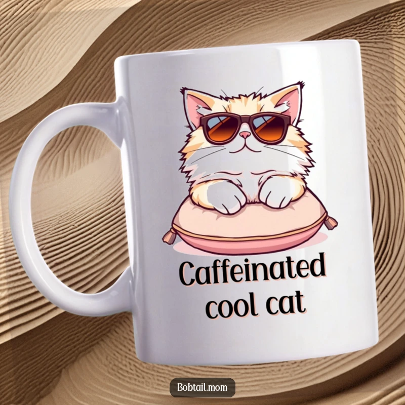 Funny Bobtail cat mug featuring a fluffy cat in oversized sunglasses lounging coolly on a tiny cushion.