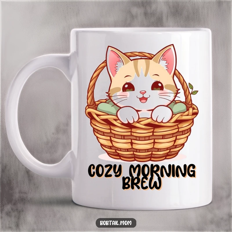 Funny mug featuring a cheerful Bobtail cat peeking adorably out from the comfort of a cozy basket.