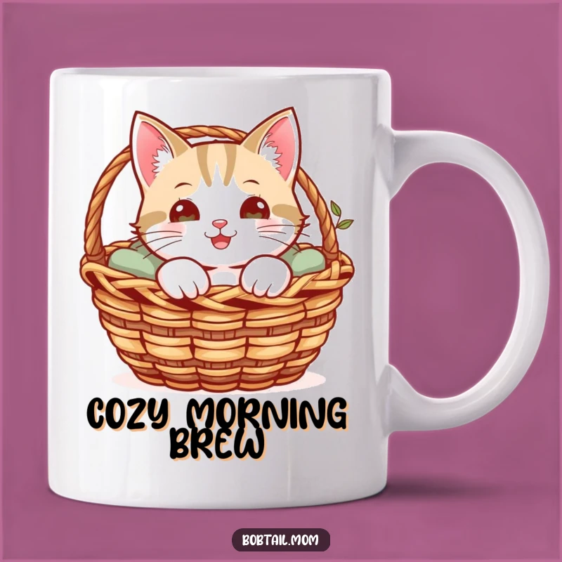 Funny Bobtail Cat Basket Mug: Cheerful Cat Peeking Out