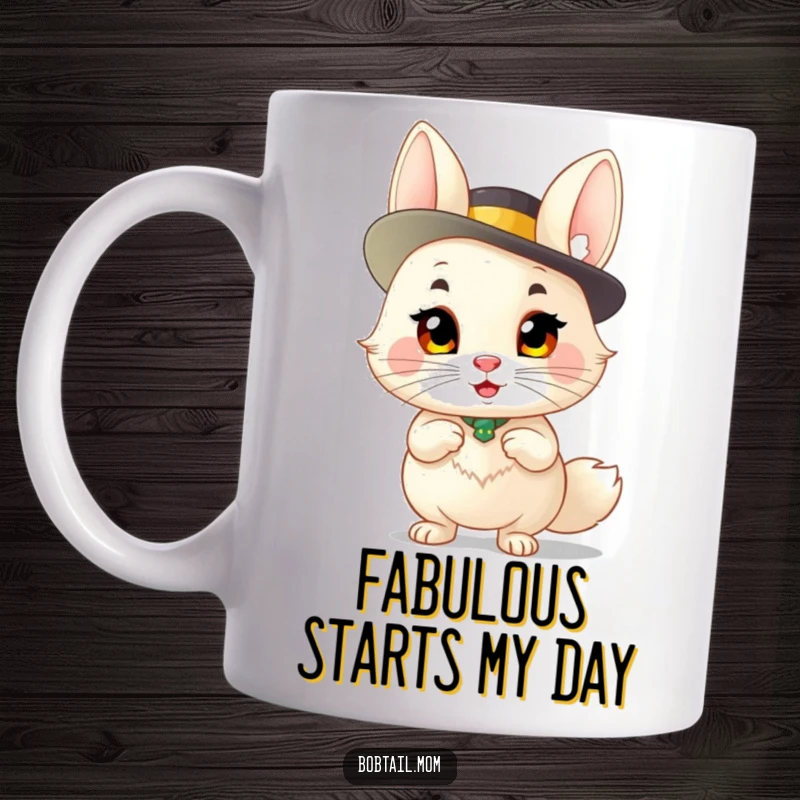 Funny Bobtail Mug: A sassy bobtail cat wearing a fancy hat, striking a confident pose, perfect for a humorous gift.