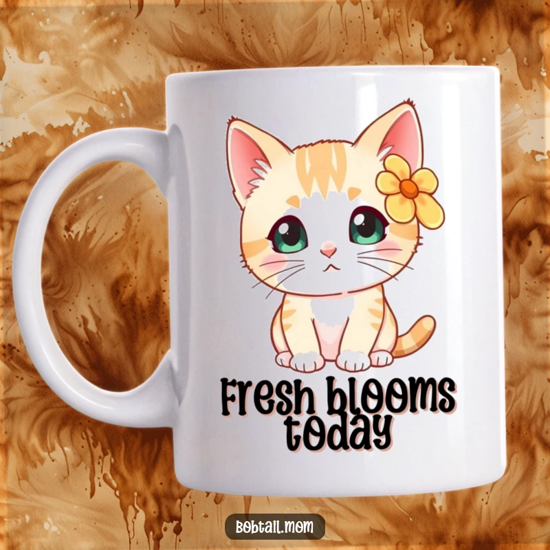 Funny Bobtail cat with a bright flower behind its ear, looking curiously at the viewer, featured on a ceramic mug.