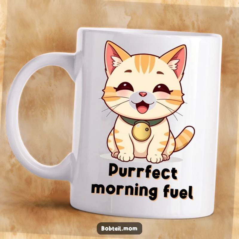 Funny happy Bobtail cat with a bell collar, purring loudly on this mug.