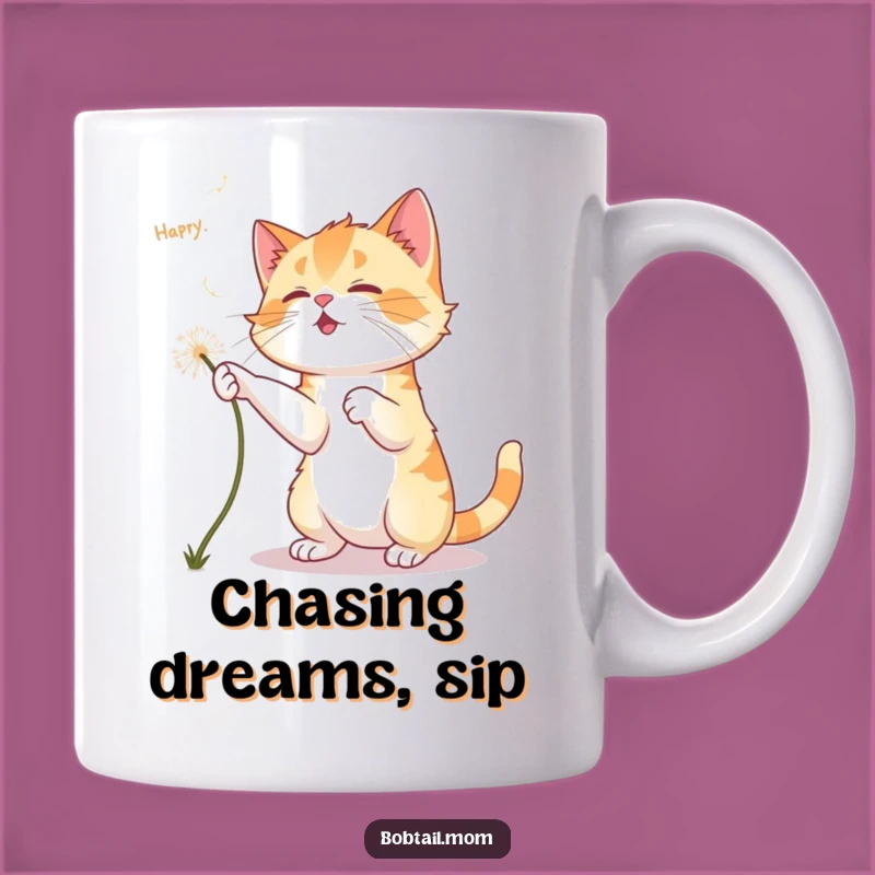 Funny Bobtail Cat Dandelion Mug: Playful Feline Pursuit Humor Gift