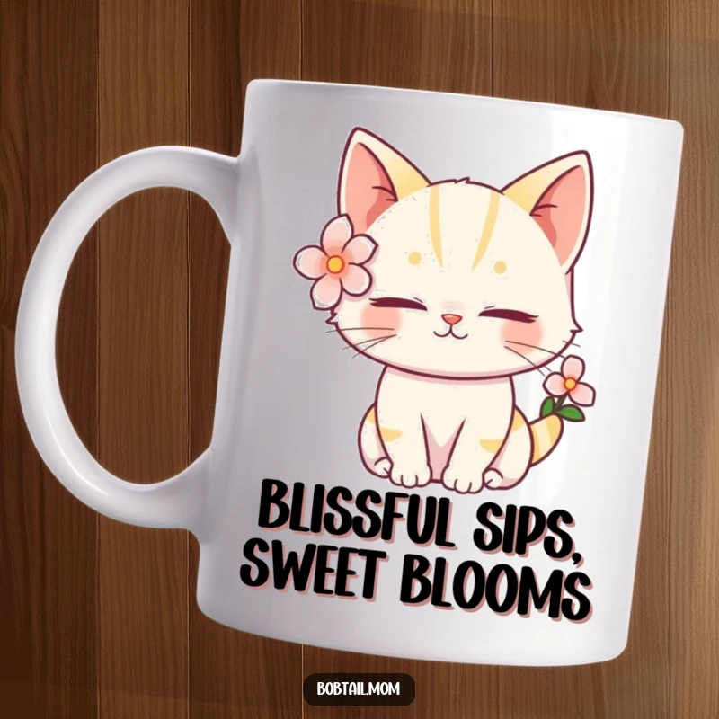 Funny Bobtail Cat Mug featuring a serene feline with a flower behind its ear, radiating peaceful humor.