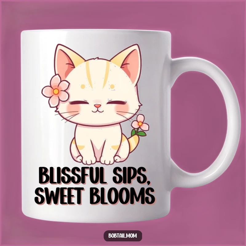 Funny Bobtail Cat Flower Mug: Serene Feline Friend, Beautiful Funny Gift