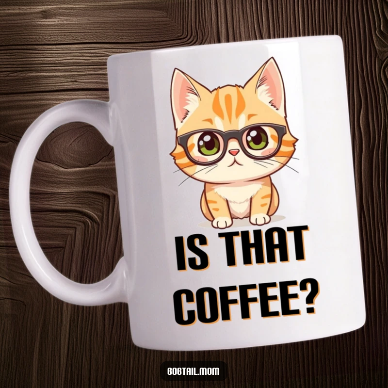 Funny bobtail cat wearing large, round glasses, looking intently curious and intelligent, printed on a mug.