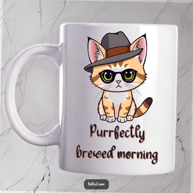 Funny bobtail cat wearing an elegant hat, posing with sophisticated grace on a mug.