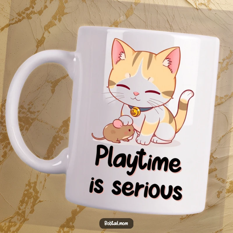 Funny Bobtail cat with a bell collar playfully nudging a toy mouse, depicted on a fun and engaging mug.