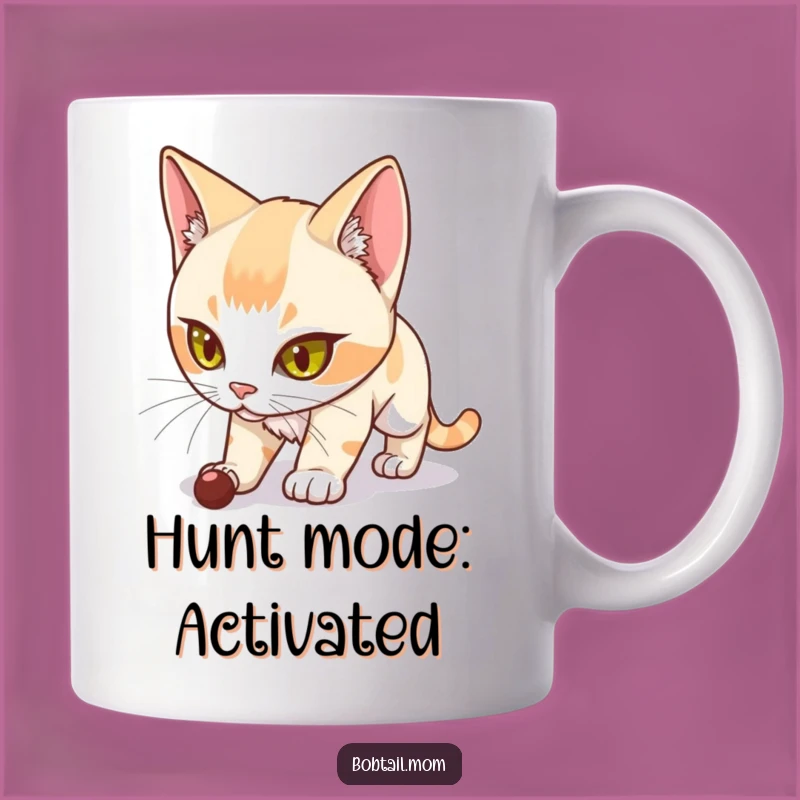 Funny Bobtail Cat Mug: Determined Hunter Cat, Hilarious Stalking Pose Gift