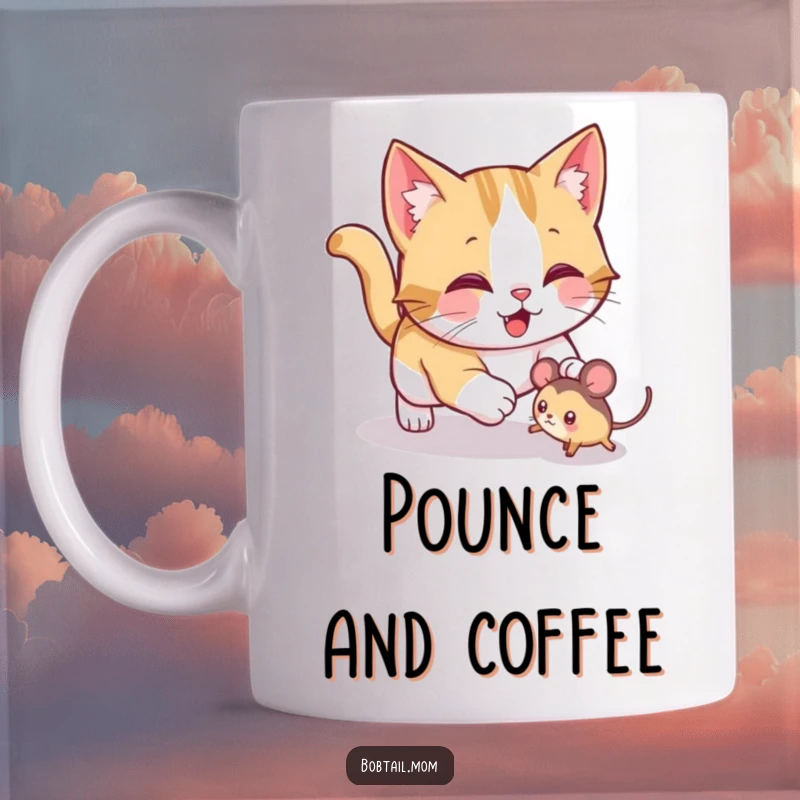 Funny Bobtail cat mug featuring a jolly cat playfully pouncing on a toy mouse, capturing energetic feline hunting fun.